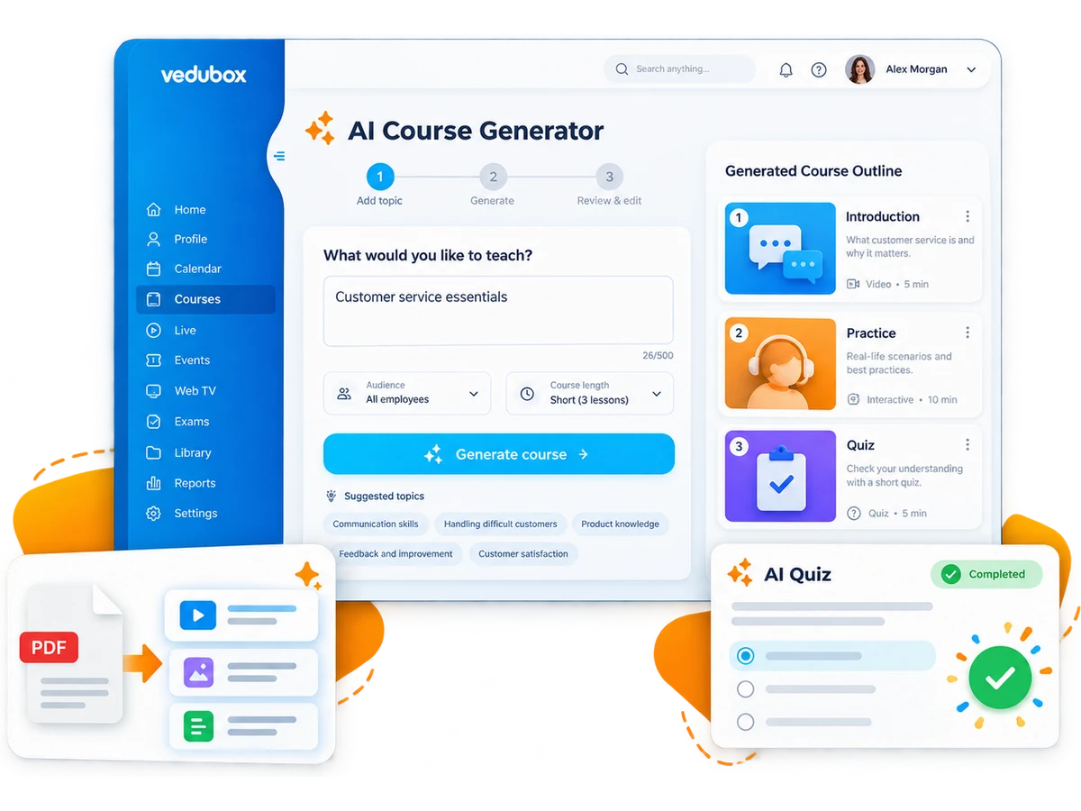 AI course generator creating a course outline, lessons and a quiz.