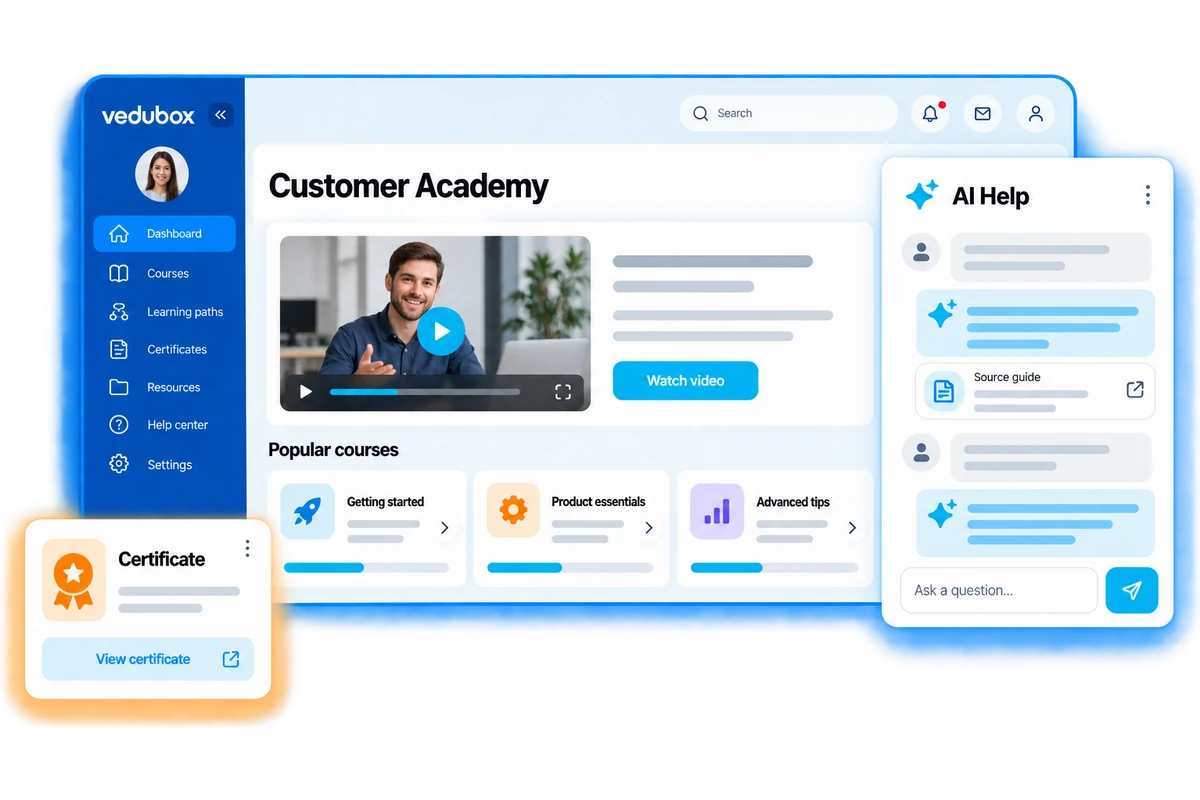 Customer academy with product courses, an AI help panel and completion certificates.