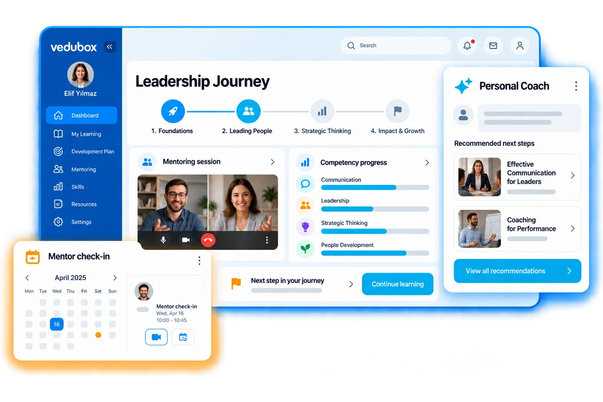 Leadership learning pathway with mentoring, personal coaching and competency progress.