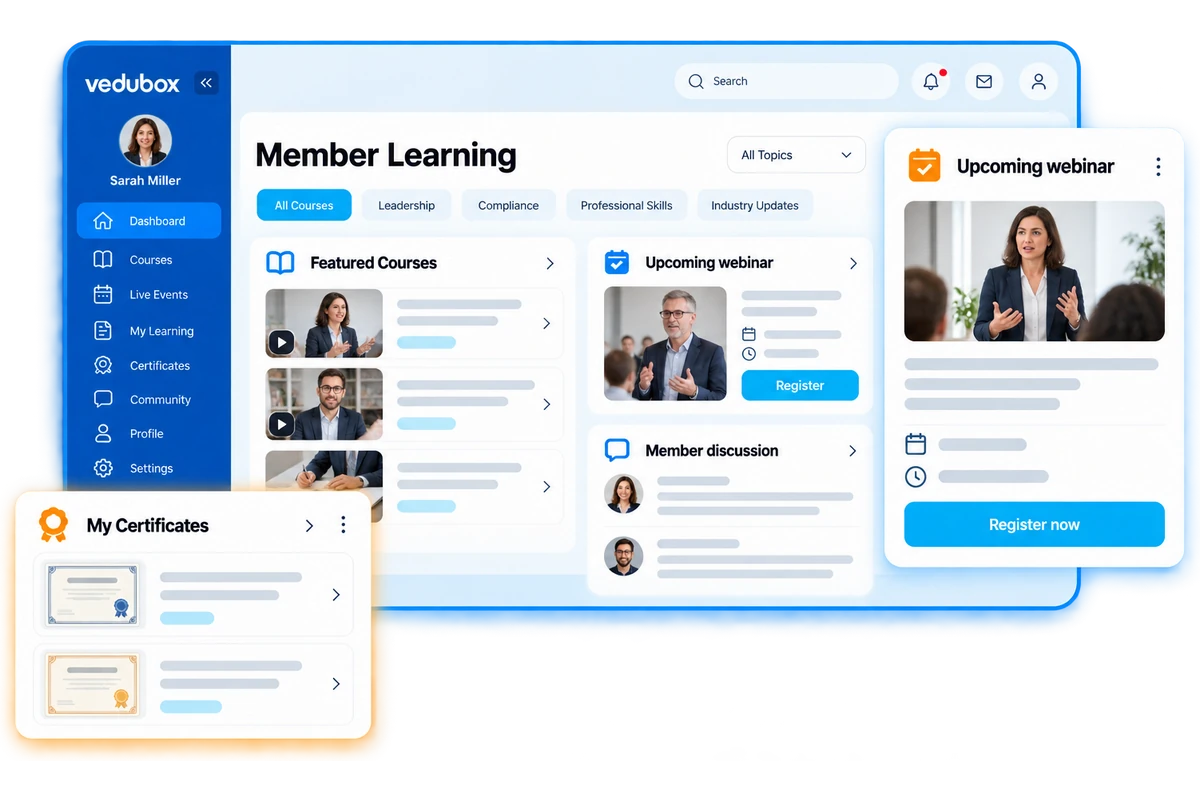 Member education portal with professional courses, webinars and certificates.