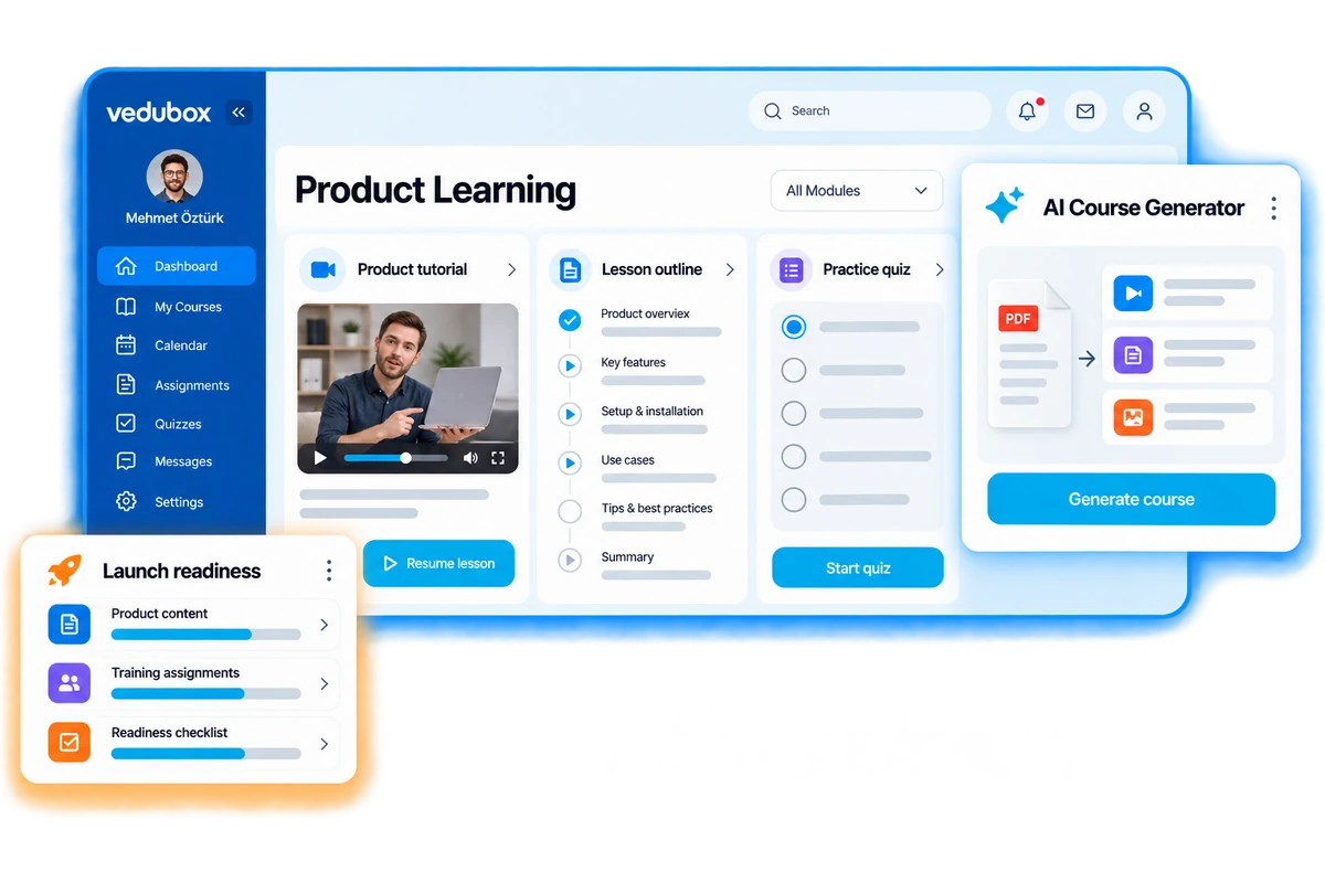 Product training dashboard with tutorials, quizzes and AI assisted course creation.