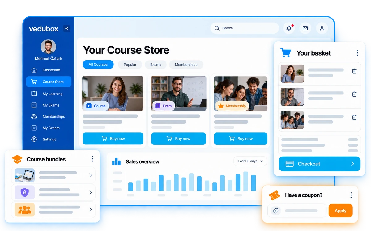 Course storefront with training bundles, checkout and sales reporting.